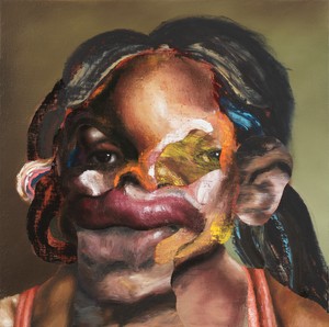 Nathaniel Mary Quinn, If It Wasn’t for That Hospital Visit, We Would Still Be Friends, 2021. Oil paint, paint stick, oil pastel, soft pastel, gouache, and charcoal on linen canvas over wood panel, 20 × 20 inches (50.8 × 50.8 cm), Nasjonalmuseet, Oslo © Nathaniel Mary Quinn. Photo: Rob McKeever