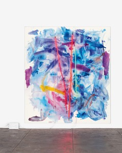 Mary Weatherford, dawn Channel, 2015. Flashe and neon on linen, 117 × 104 inches (297.2 × 264.2 cm) © Mary Weatherford Studio. Photo: Fredrik Nilsen Studio