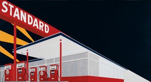 Ed Ruscha, Standard Station, Amarillo, Texas, 1963. Oil on canvas, 64 ⅞ × 121 ¾ inches (164.8 × 309.2 cm), Hood Museum of Art, Dartmouth College, Hanover, New Hampshire © Ed Ruscha