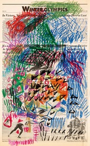 Nam June Paik, Untitled [Newspaper Drawing], c. 1990. Oil stick on printed newsprint, 22 ⅝ × 15 ⅛ inches (57.5 × 38.4 cm), Smithsonian American Art Museum, Washington, DC © Nam June Paik Estate