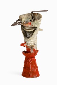 Pablo Picasso, La verre d’absinthe, 1914. Painted bronze in white and red and white metal spoon, 8 ¼ × 5 ½ × 2 ¾ inches (21 × 14 × 17 cm) © 2018 Estate of Pablo Picasso/Artist Rights Society (ARS), New York