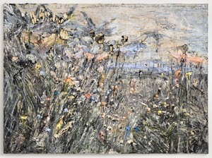 Anselm Kiefer, Paul Celan: wir schöpften die Finsternis leer, wir fanden das wort, das den Sommer heraufkam: Blume; (We scooped the darkness empty, we found the word that ascended summer: flower), 2012. Oil, emulsion, acrylic, on photograph on canvas, 110 ¼ × 149 ⅝ inches (280 × 380 cm ) © Anselm Kiefer