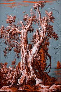 Glenn Brown, So We Drove On Towards Death in the Cooling Twilight, 2025. Oil, acrylic, and india ink on panel, 85 ⅛ × 56 ¾ inches (216 × 144 cm) © Glenn Brown. Photo: Joe Humphrys