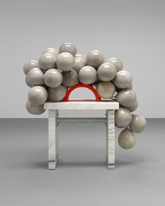 Kathleen Ryan, Recumbent Bacchante, 2016–24. Concrete, stainless steel, marble, steel, and powder-coated cast iron, 60 ½ × 65 ½ × 33 ½ inches (154 × 166 × 85 cm) © Kathleen Ryan. Photo: Lance Brewer