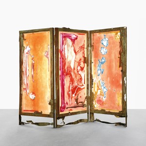 Helen Frankenthaler, Gateway, 1982–88 (recto). Recto: lost-wax bronze casting with applied patinas and 28-color intaglio print with etching, relief, and aquatint, with borders hand stenciled on three sheets; verso: 3 sandblasted bronze panels hand painted by the artist with a mixture of chemicals, pigments, and dyes; 81 × 107 × 4 ½ inches (205.7 × 271.8 × 11.4 cm); edition 6/12; cast at Tallix Foundry, Beacon, New York, printed and published at Tyler Graphics Ltd., Bedford Village, NY © 2018 Helen Frankenthaler Foundation, Inc./Artists Rights Society (ARS), New York/Tyler Graphics Ltd. 1987