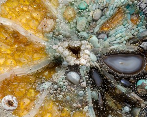 Kathleen Ryan, Bad Lemon (Seed), 2024 (detail). Agate, amber, amazonite, amethyst, aquamarine, citrine, labradorite, turquoise, tektite, magnesite, jasper, jade, dolomite and fuchsite, prehnite, snowflake obsidian, quartz, mother of pearl, glass, and steel pins on coated polystyrene, 18 × 17 ½ × 18 ½ inches (45.7 × 44.5 × 47 cm) © Kathleen Ryan. Photo: Lance Brewer