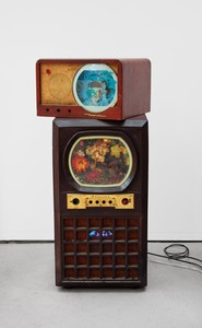 Nam June Paik, Untitled [Cage Composite], 2005. Two-channel video (color, silent) in vintage televisions with electric lights and permanent oil marker, 45 ½ × 21 × 23 ½ inches (115.6 × 53.3 × 59.7 cm) © Nam June Paik Estate