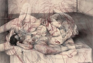 Jenny Saville, One Out of Two (Symposium), 2016. Charcoal and pastel on canvas, 59 ⅞ × 88 ⅝ inches (152 × 225 cm) © Jenny Saville