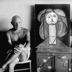 A portrait photograph of Pablo Picasso