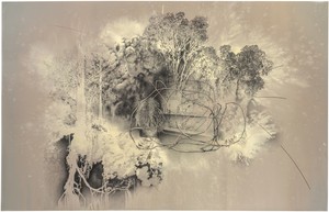 Tatiana Trouvé, Il mondo delle voci, 2022, from the series Les dessouvenus, 2013–. Colored pencil, bleach, and copper on paper mounted on canvas, 102 ⅜ × 157 ½ inches (260 × 400 cm) © Tatiana Trouvé. Photo: Florian Kleinefenn