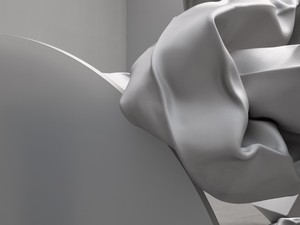 Carol Bove, Vase Face I / The Ascent to Heaven on a Dentist’s Chair, 2022 (detail). Stainless steel and laminated glass with heat-fused ink, 85 × 87 × 57 ½ inches (216 × 221 × 146.1 cm) © Carol Bove Studio LLC. Photo: Maris Hutchinson