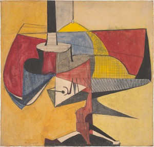 Richard Diebenkorn, Untitled (Magician’s Table), 1947. Gouache and graphite on hardboard, 14 ⅛ × 14 ¾ inches (35.9 × 37.5 cm) © 2025 Richard Diebenkorn Foundation/Artists Rights Society (ARS), New York