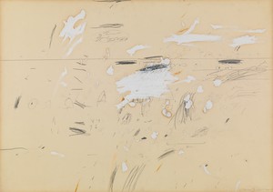 Cy Twombly, Sperlonga Drawing, 1959. Pencil, oil-based house paint, and wax crayon on paper, 27 ½ × 39 ¼ inches (69.9 × 99.7 cm) © Cy Twombly Foundation