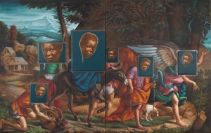 Titus Kaphar, From Whence I Came, 2022. Oil on canvas with duct tape, in 2 parts, overall: 108 ⅛ × 167 ¾ inches (274.5 × 426 cm), Nasjonalmuseet, Oslo © Titus Kaphar. Photo: Rob McKeever