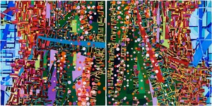 Rick Lowe, The Harbour Fragment Series: Fragment 4, 2025. Acrylic and paper collage on canvas, each: 48 × 48 inches (121.9 × 121.9 cm) © Rick Lowe Studio. Photo: Thomas Dubrock