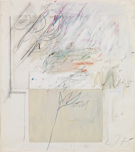 Cy Twombly, Mars and the Artist, 1975. Oil, wax crayon, charcoal, and pencil with drawing paper, cardboard, and staples on paper, 55 ⅞ × 50 ¼ inches (142 × 127.5 cm) © Cy Twombly Foundation