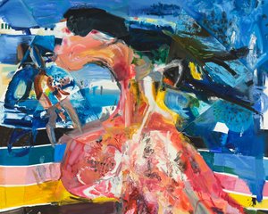 Colorful, gestural painting of a bather
