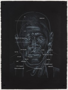 Titus Kaphar and Reginald Dwayne Betts, Untitled, 2019, from the Redaction project. Etching and silkscreen on paper, 22 × 30 inches (55.9 × 76.2 cm) © Titus Kaphar and Reginald Dwayne Betts. Photo: Kris Graves