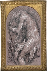 Glenn Brown, Children of the Revolution (after Rembrandt), 2017. India ink and acrylic on polyester film over cardboard, in Italian 17th-century carved and gilded overlapping leaf frame with later gilded arch-topped spandrel, 42 ¾ × 27 ¾ × 2 ⅛ inches (108.5 × 70.5 × 5.5 cm) © Glenn Brown