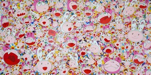 Takashi Murakami, Lots, Lots of Kaikai and Kiki, 2009. Acrylic and platinum leaf on canvas mounted on aluminum frame, in 5 parts, overall: 118 × 239 ½ inches (299.7 × 608.3 cm) © Takashi Murakami/Kaikai Kiki Co., Ltd. All rights reserved