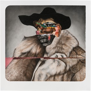 Nathaniel Mary Quinn, Buck Nasty: Player Haters Ball, 2017. Charcoal, gouache, soft pastel, oil pastel, and acrylic gold powder on Coventry vellum paper, 35 × 34 ½ inches (88.9 × 87.6 cm) © Nathaniel Mary Quinn