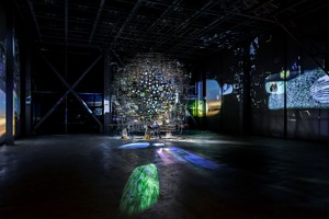 Sarah Sze, Twice Twilight, 2020. Mixed media, wood, stainless steel, acrylic, ceramic, video projectors, and archival pigment prints, overall dimensions variable Installation view, Sarah Sze: Night into Day, Fondation Cartier pour l'art contemporain, Paris, October 24, 2020–May30, 2021 © Sarah Sze. Photo: Luc Boegly